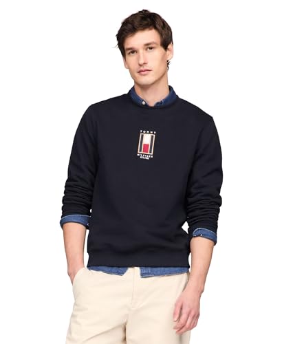 Tommy Hilfiger Herren Medium Weight Crewneck with Vertical Embroidered Flag Logo Sweatshirt, Wüstenhimmel, Large von Tommy Hilfiger