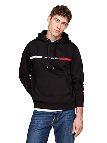 Tommy Hilfiger Herren Medium Weight Fleece Hoodie Sweatshirt with Signature Stripe Logo Kapuzenpullover, Schwarz von Tommy Hilfiger