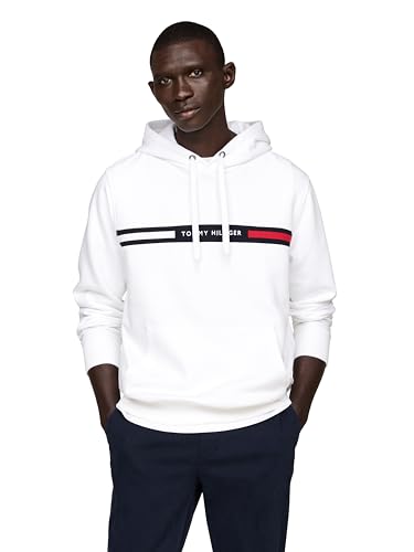 Tommy Hilfiger Herren Mittelschweres Fleece-Kapuzen-Sweatshirt mit Charakteristischem Streifen-Logo Kapuzenpullover, Weiss/opulenter Garten, Large von Tommy Hilfiger