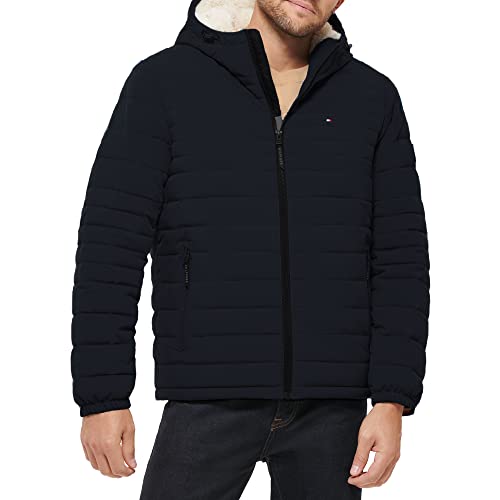 Tommy Hilfiger Herren Men's Hooded Packable Jacket with Lining, Large Packbare Stretch-Poly-Kapuzenjacke mit Sherpa-Futter, Mitternacht/Ausflug, einfarbig (Midnight//Getaway Solids), L von Tommy Hilfiger