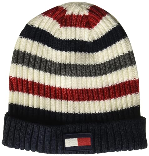 Tommy Hilfiger Herren Men's Striped Ribbed Beanie-Mtze, Weiß gestreift, Einheitsgröße von Tommy Hilfiger