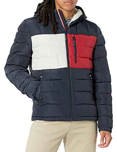 Tommy Hilfiger Herren Midweight Sherpa Lined Hooded Water Resistant Puffer Jacket Mantel, Tommy Flag Combo Tech, L von Tommy Hilfiger