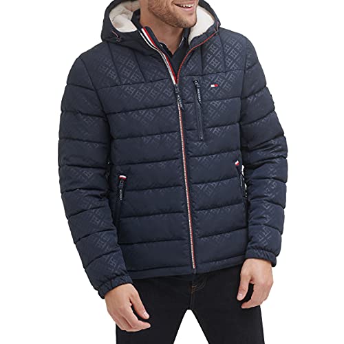 Tommy Hilfiger Herren Midweight Sherpa Lined Hooded Water Resistant Puffer Jacket Mantel, Tommy Logo Tech Navy, M von Tommy Hilfiger
