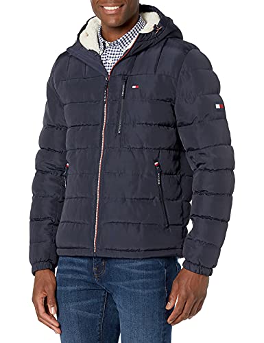 Tommy Hilfiger Herren Mittelschwere, Wasserabweisende Pufferjacke mit Sherpa-Futter, mit Kapuze Mantel, Midnight Tech, XL von Tommy Hilfiger