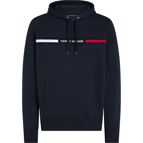 Tommy Hilfiger Herren Mittelschweres Fleece-Kapuzen-Sweatshirt mit Charakteristischem Streifen-Logo Kapuzenpullover, Desert Sky, M von Tommy Hilfiger