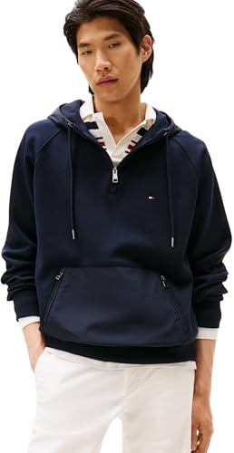 Tommy Hilfiger Herren Hoodie mit Reißverschluss Mix Media 1/4 Zip Verschließbare Bauchtasche, Blau (Desert Sky), XL von Tommy Hilfiger