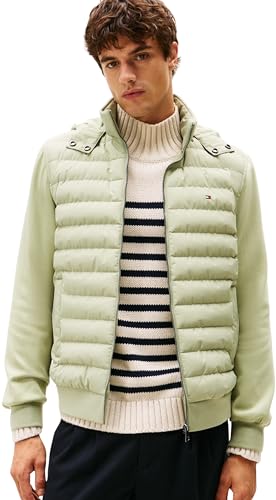 Tommy Hilfiger Herren Hoodie mit Reißverschluss Mix Media Hooded Zip Through Steppjacke, Grün (Earth Sage), M von Tommy Hilfiger