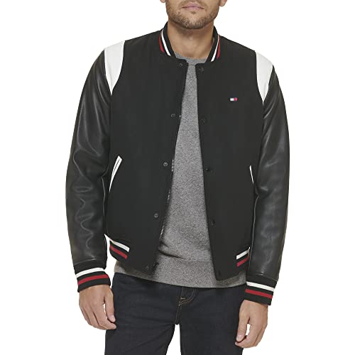 Tommy Hilfiger Herren Mixed Media Bomberjacke Varsity Bomber, Schwarz, L von Tommy Hilfiger