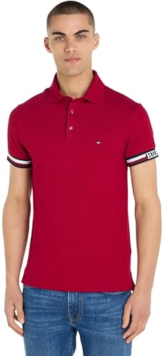 Tommy Hilfiger Herren Poloshirt Kurzarm Monotype Flag Cuff Slim Fit Polo Baumwolle, Rot (Royal Berry), M von Tommy Hilfiger