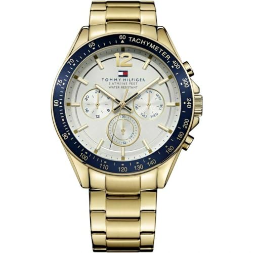 Tommy Hilfiger Herren 48mm Multifunktions-Quarz-Uhr - Armband aus Gold-Edelstahl, Silberweißes Zifferblatt, 3 Hilfszifferblätter, Wasserdicht bis 5ATM - 1791121 von Tommy Hilfiger