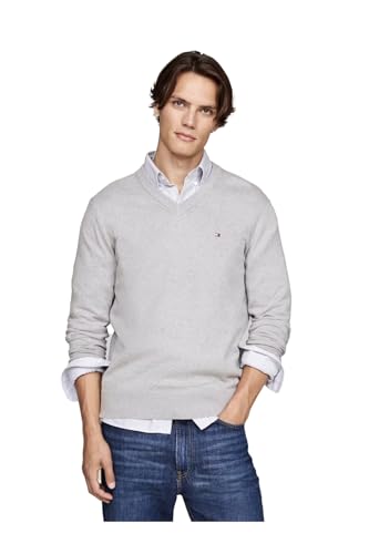 Tommy Hilfiger Herren PIMA ORG CTN Cashmere V Neck MW0MW28047 Pullover, Grau (Light Grey Heather), XL von Tommy Hilfiger