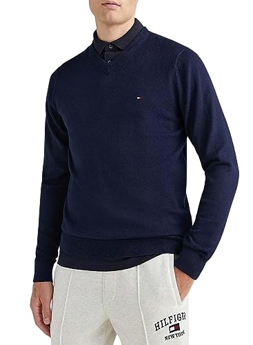 Tommy Hilfiger Herren PIMA ORG CTN Cashmere V Neck MW0MW28047 Pullover, Blau (Desert Sky), M von Tommy Hilfiger