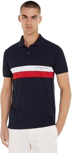 Tommy Hilfiger Herren Poloshirt Kurzarm Chest Colourblock Slim Fit, Blau (Desert Sky), S von Tommy Hilfiger