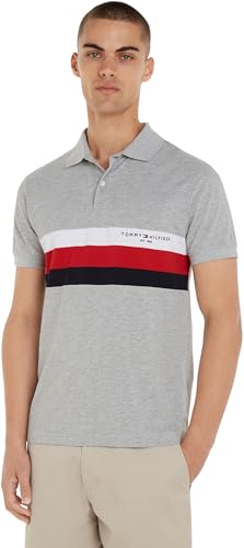 Tommy Hilfiger Herren Poloshirt Kurzarm Chest Colourblock Slim Fit, Grau (Light Grey Heather), M von Tommy Hilfiger