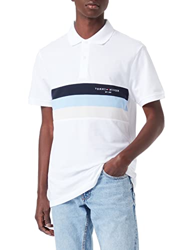 Tommy Hilfiger Herren Poloshirt Kurzarm Chest Colourblock Slim Fit, Weiß (White), S von Tommy Hilfiger