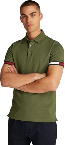 Tommy Hilfiger Herren Poloshirt Kurzarm Flag Cuff Slim Fit, Grün (Army Green), S von Tommy Hilfiger