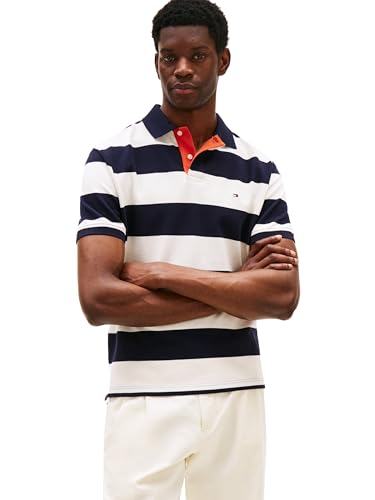 Tommy Hilfiger Herren Poloshirts Kurzarm Casual Regular Fit mit Rugby Stripe Designs, Desert Sky/Ivory Petal, L von Tommy Hilfiger