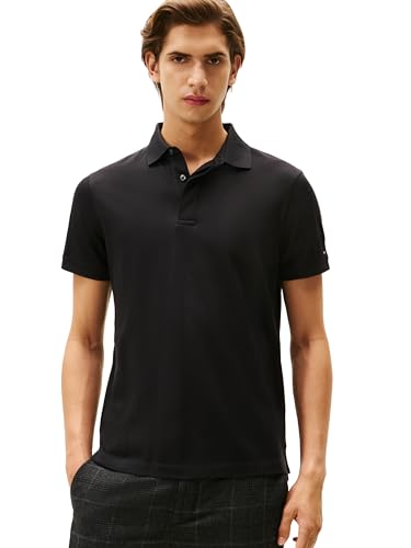 Tommy Hilfiger Herren Poloshirts Kurzarm Casual Regular Fit mit versteckter Knopfleiste Design, Schwarz, L von Tommy Hilfiger