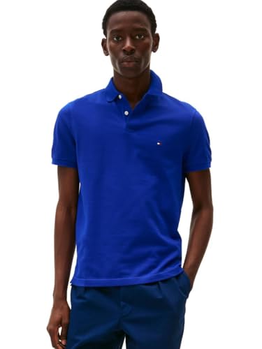 Tommy Hilfiger Herren Poloshirts Kurzarm in Slim Fit mit Stretch und Bio-Piqué-Baumwolle, Keilabsatz, Blau, L von Tommy Hilfiger