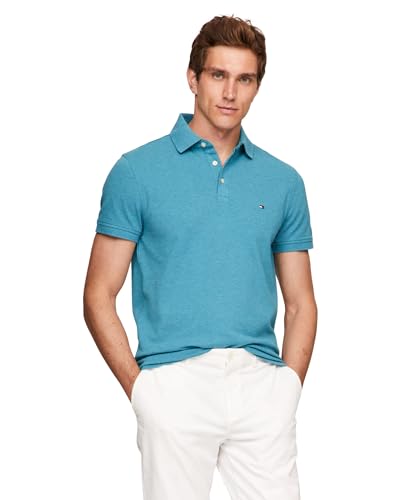 Tommy Hilfiger Herren Poloshirts Kurzarm in Slim Fit mit Stretch und Bio-Piqué-Baumwolle, Midnight Turquoise Heather, L von Tommy Hilfiger