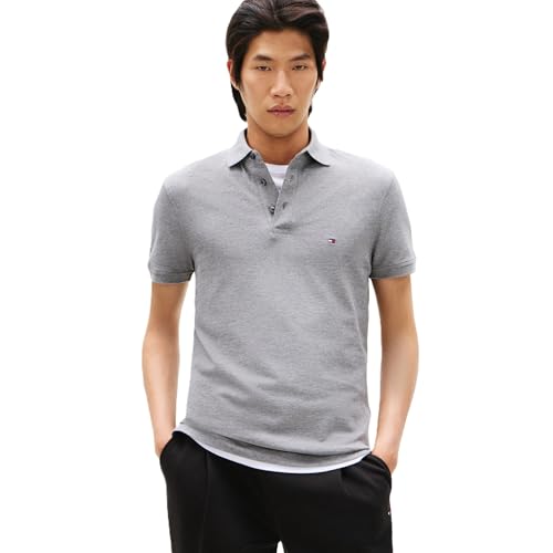 Tommy Hilfiger Herren Poloshirts Kurzarm in Slim Fit mit Stretch und Bio-Piqué-Baumwolle, Mittelgrau meliert, L von Tommy Hilfiger