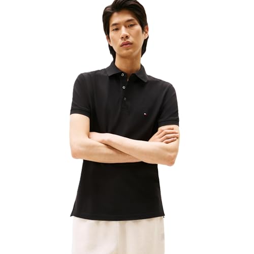 Tommy Hilfiger Herren Poloshirts Kurzarm in Slim Fit mit Stretch und Bio-Piqué-Baumwolle, Schwarz, XL von Tommy Hilfiger