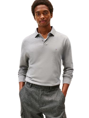 Tommy Hilfiger Herren Poloshirts Langarm in Regular Fit mit Stretch und Bio-Piqué-Baumwolle, Mittelgrau meliert, Klein von Tommy Hilfiger