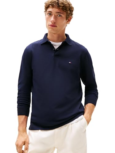 Tommy Hilfiger Herren Poloshirts Langarm in Regular Fit mit Stretch und Bio-Piqué-Baumwolle, Wüstenhimmel, Klein von Tommy Hilfiger