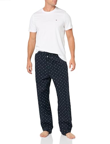 Tommy Hilfiger Herren Poplin Sleep Set Pyjamaset, Weiß, marineblaue Mikro-Flagge, M von Tommy Hilfiger