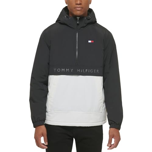 Tommy Hilfiger Herren-Popoverjacke mit Fleece-Futter und Kapuze, Schwarz/Weiß, X-Large von Tommy Hilfiger