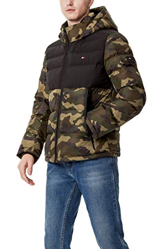 Tommy Hilfiger Herren Puffer Jacke mit Kapuze, Camo/Schwarz, zweifarbig, L von Tommy Hilfiger