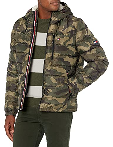 Tommy Hilfiger Herren-Pufferjacke mit Kapuze, mittelschwer, mit Sherpa-Futter, wasserabweisend, Camouflage Tech, XXL von Tommy Hilfiger