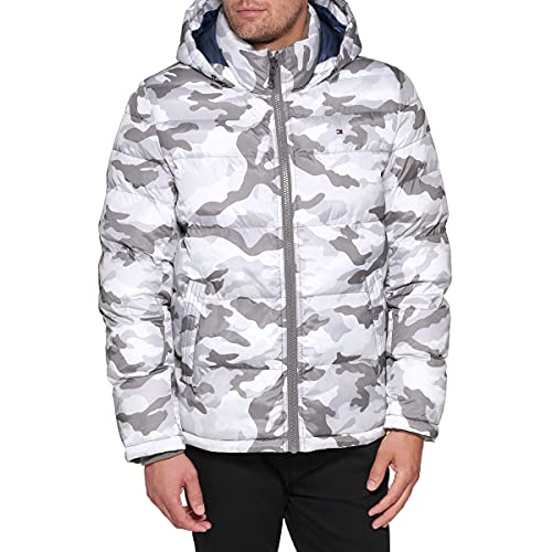 Tommy Hilfiger Herren Pufferjacke mit Kapuze Daunenalternative Mantel, Camouflage weiß, L von Tommy Hilfiger