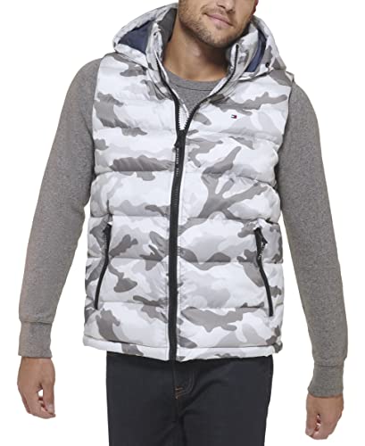 Tommy Hilfiger Herren Pufferweste mit Kapuze Daunenweste, Camouflage weiß, XL von Tommy Hilfiger