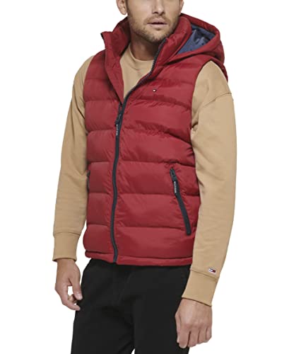 Tommy Hilfiger Herren Pufferweste mit Kapuze Daunenweste, rot, L von Tommy Hilfiger