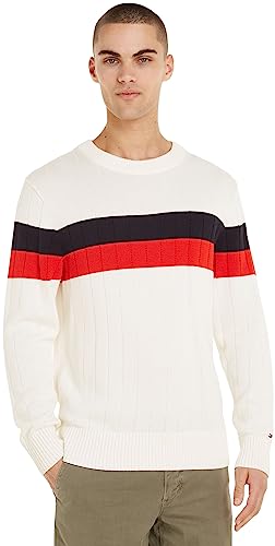 Tommy Hilfiger Herren Pullover Colourblock C-Neck Strickpullover, Mehrfarbig (Ancient White/ Dsrt Sky/ Fireworks), M von Tommy Hilfiger