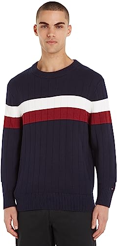 Tommy Hilfiger Herren Pullover Colourblock C-Neck Strickpullover, Mehrfarbig (Dsrt Sky/ Rouge/ Ancient White), XL von Tommy Hilfiger