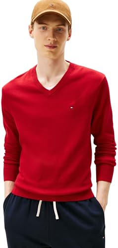 Tommy Hilfiger Herren Pullover Essential Cotton V-Ausschnitt, Rot (Medium Red), XL von Tommy Hilfiger