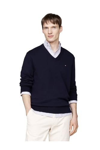 Tommy Hilfiger Herren Pullover Pima Org Ctn Cashmere V Neck mit V-Ausschnitt, Blau (Desert Sky), L von Tommy Hilfiger