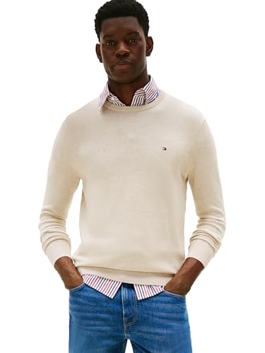 Tommy Hilfiger Herren-Pullover aus Baumwolle, einfarbig, Rundhalsausschnitt, leichter Pullover, auch erhältlich in Big & Tall, Heathered Oatmilk, Klein von Tommy Hilfiger