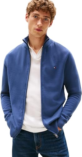 Tommy Hilfiger Herren Pullover mit Reißverschluss Essential Cotton Zip Thru Stehkragen, Blau (Aegean Sea), M von Tommy Hilfiger