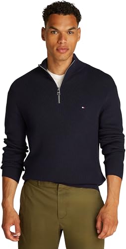 Tommy Hilfiger Herren Pullover mit Reißverschluss Racking Structure mit Mock-Kragen, Blau (Desert Sky), XXL von Tommy Hilfiger