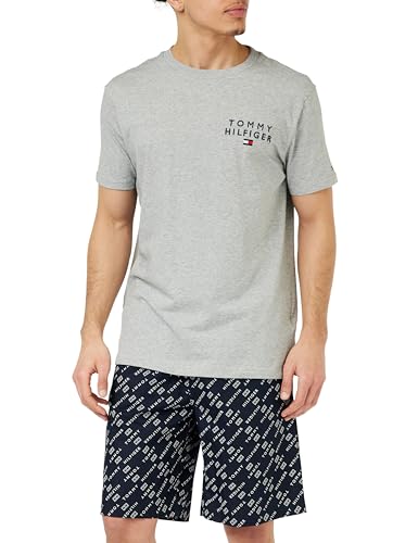 Tommy Hilfiger Herren Pyjama-Set Drawstring Kurz, Mehrfarbig (Grey Ht / Th Diagonal Logo Flag), S von Tommy Hilfiger