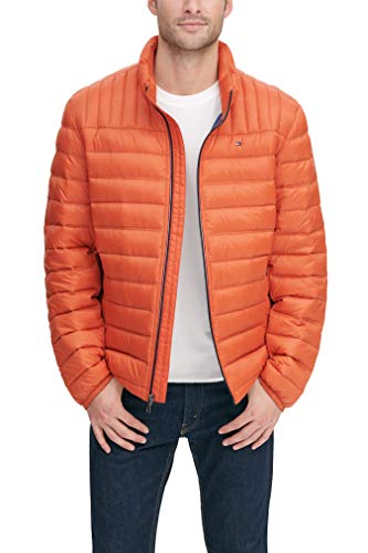 Tommy Hilfiger Herren Real Down Packable Puffer Jacke Daunenmantel, Orange/Abendrot im Zickzackmuster (Sunset Chevron), XL von Tommy Hilfiger