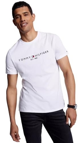 Tommy Hilfiger Herren-T-Shirt, normale Passform, gesticktes Tommy-Logo, Rundhalsausschnitt, T-Shirt Kollektion 2024, Größe L, Weiß, L von Tommy Hilfiger