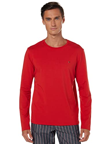 Tommy Hilfiger Herren-Schlafanzug CN LS Pant mit gewebtem Set, bedruckt, Empire Flame / Doppelnadelstreifen, L von Tommy Hilfiger