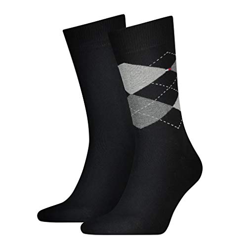 Tommy Hilfiger Herren Socke 2 er Pack (1x Schwarz, 1x Karo-Muster Hellgrau) 391156, Gr. 43-46 , Schwarz (200 black) von Tommy Hilfiger