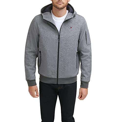 Tommy Hilfiger Herren Soft Shell Fashion Bomber mit Kontrast-Lätzchen und Kapuze Jacke, Heather Grey Steppfutter, XXL von Tommy Hilfiger