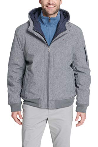 Tommy Hilfiger Herren Soft Shell Fashion Bomber with Contrast Bib and Hood Windjacke, Heather Grey/Navy Lätzchen, Groß von Tommy Hilfiger