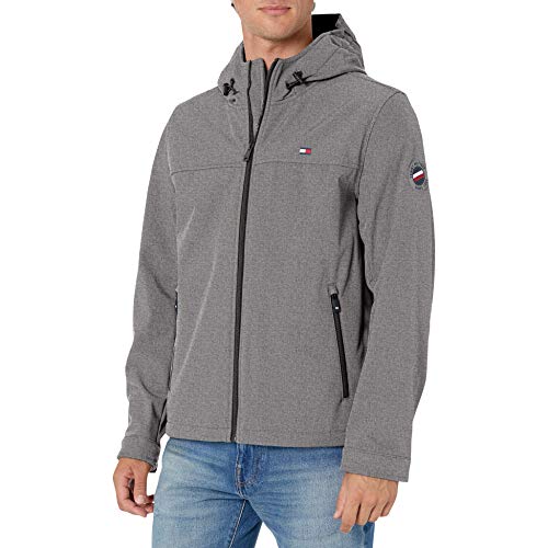 Tommy Hilfiger Herren Soft Shell Water Resistant Hooded Jacket Übergangsjacke, Meliert, Grau, L von Tommy Hilfiger